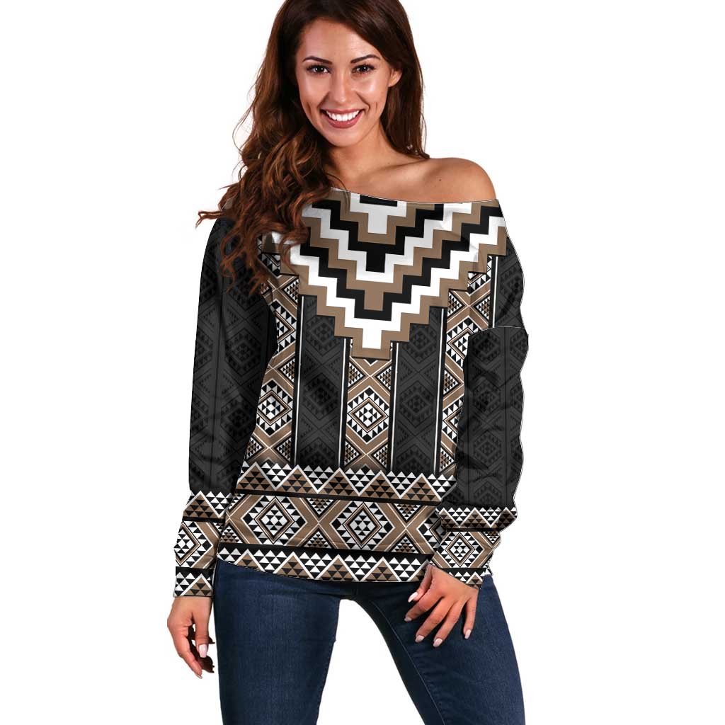Brown Taniko Aotearoa Off Shoulder Sweater Niho Taniwha Mix Poutama LT14
