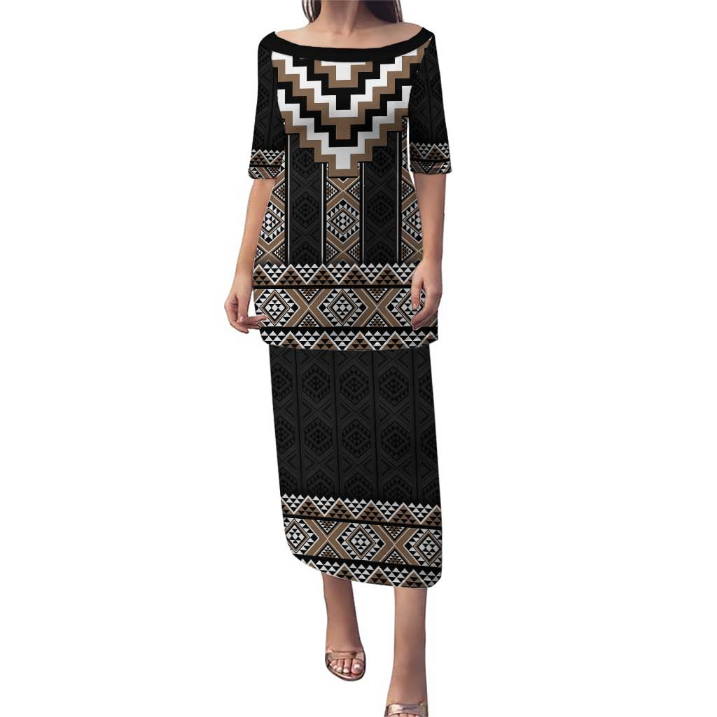 Brown Taniko Aotearoa Puletasi Niho Taniwha Mix Poutama LT14 Long Dress Brown - Polynesian Pride