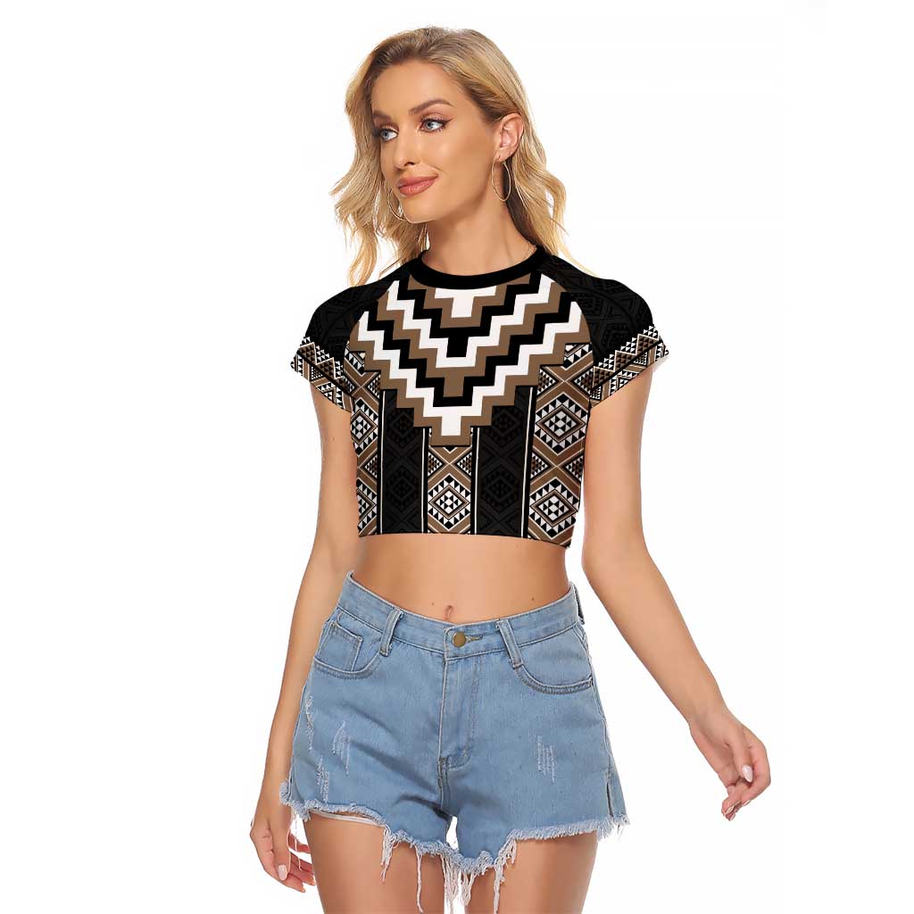 Brown Taniko Aotearoa Raglan Cropped T Shirt Niho Taniwha Mix Poutama LT14 Female Brown - Polynesian Pride