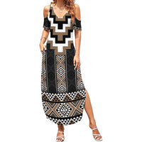Brown Taniko Aotearoa Summer Maxi Dress Niho Taniwha Mix Poutama LT14 Women Brown - Polynesian Pride