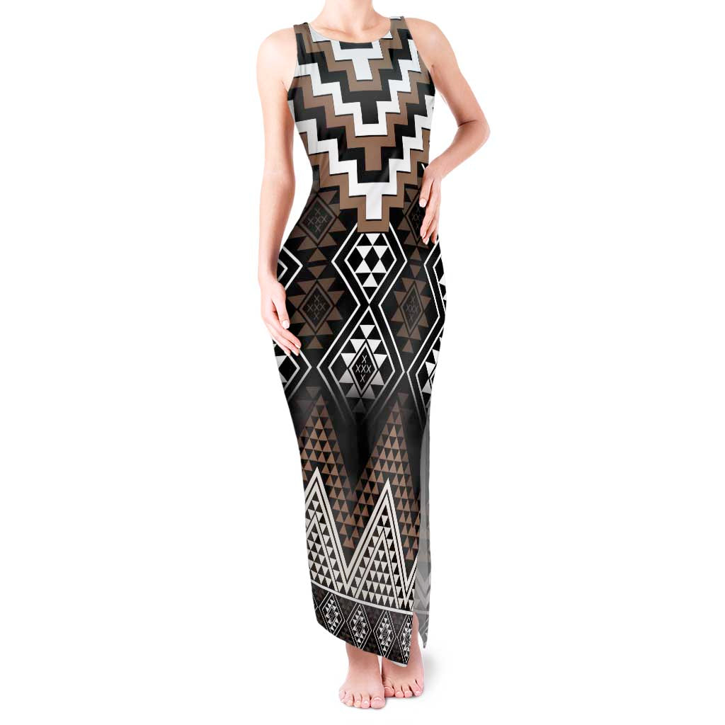 Brown Taniko Aotearoa Tank Maxi Dress Niho Taniwha Mix Poutama