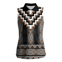 Brown Taniko Aotearoa Women Sleeveless Polo Shirt Niho Taniwha Mix Poutama LT14 Female Brown - Polynesian Pride