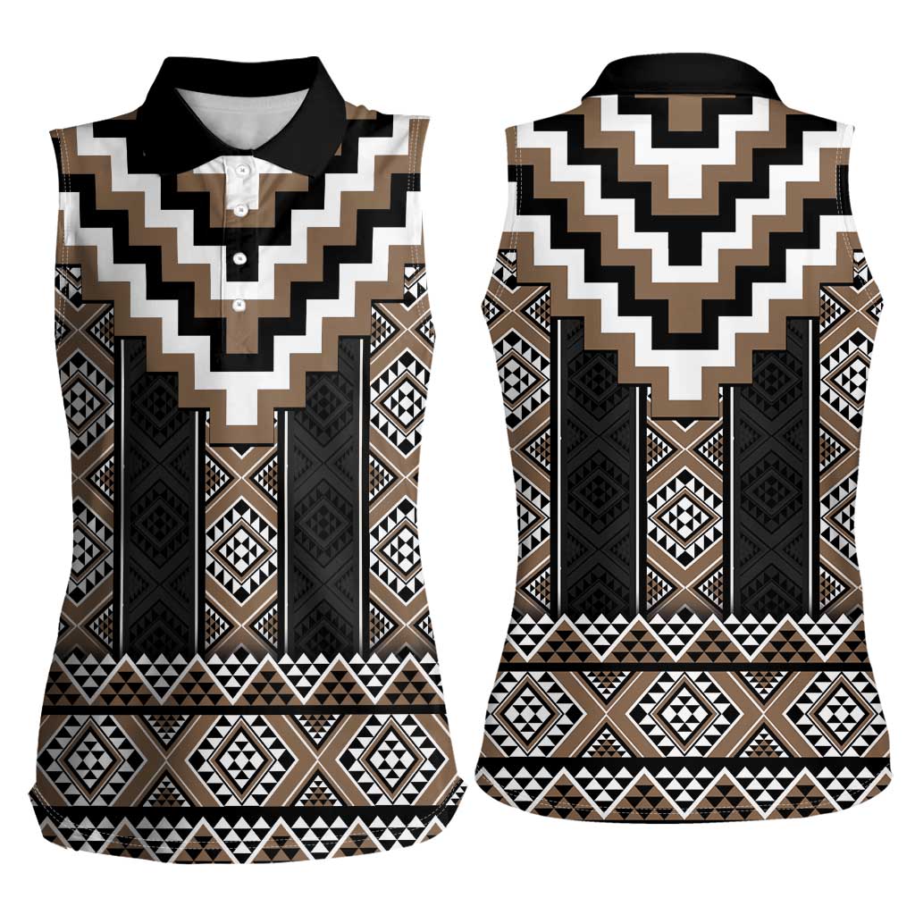 Brown Taniko Aotearoa Women Sleeveless Polo Shirt Niho Taniwha Mix Poutama LT14 - Polynesian Pride