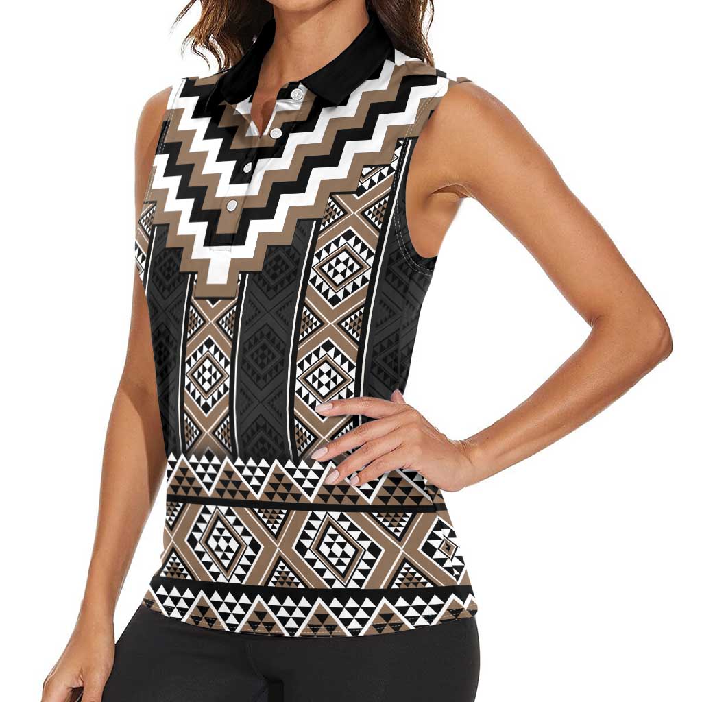 Brown Taniko Aotearoa Women Sleeveless Polo Shirt Niho Taniwha Mix Poutama LT14 - Polynesian Pride