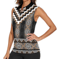 Brown Taniko Aotearoa Women Sleeveless Polo Shirt Niho Taniwha Mix Poutama LT14 - Polynesian Pride