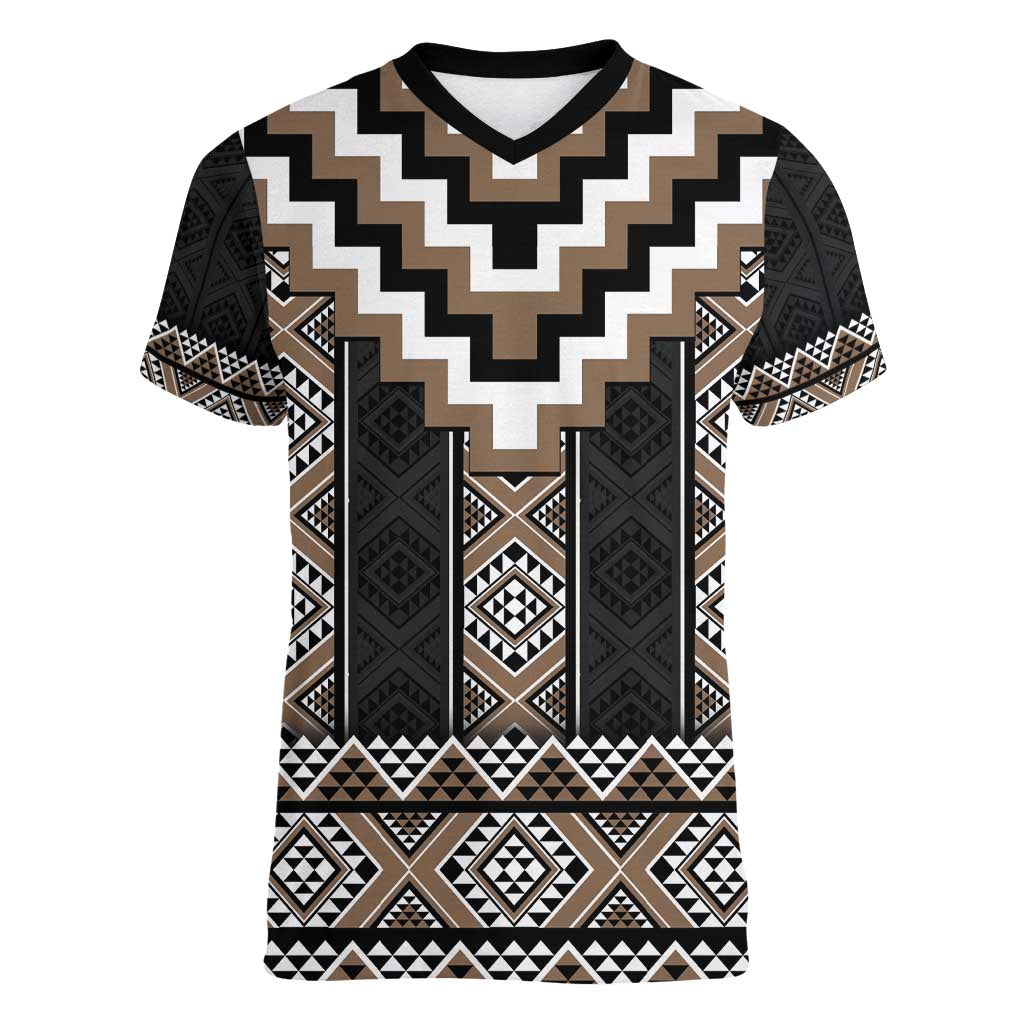 Brown Taniko Aotearoa Women V-Neck T-Shirt Niho Taniwha Mix Poutama LT14 Female Brown - Polynesian Pride