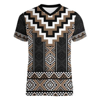 Brown Taniko Aotearoa Women V-Neck T-Shirt Niho Taniwha Mix Poutama LT14 Female Brown - Polynesian Pride
