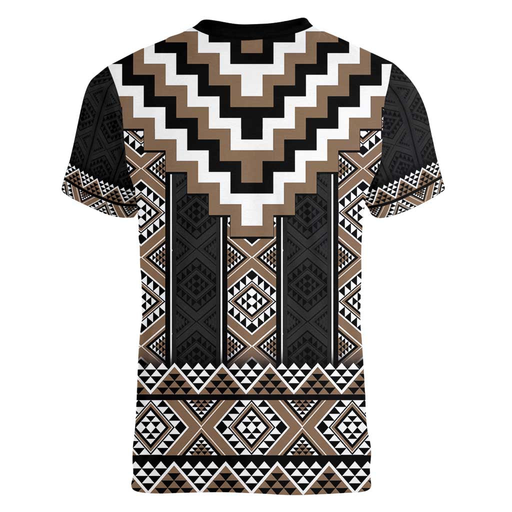 Brown Taniko Aotearoa Women V-Neck T-Shirt Niho Taniwha Mix Poutama LT14 - Polynesian Pride