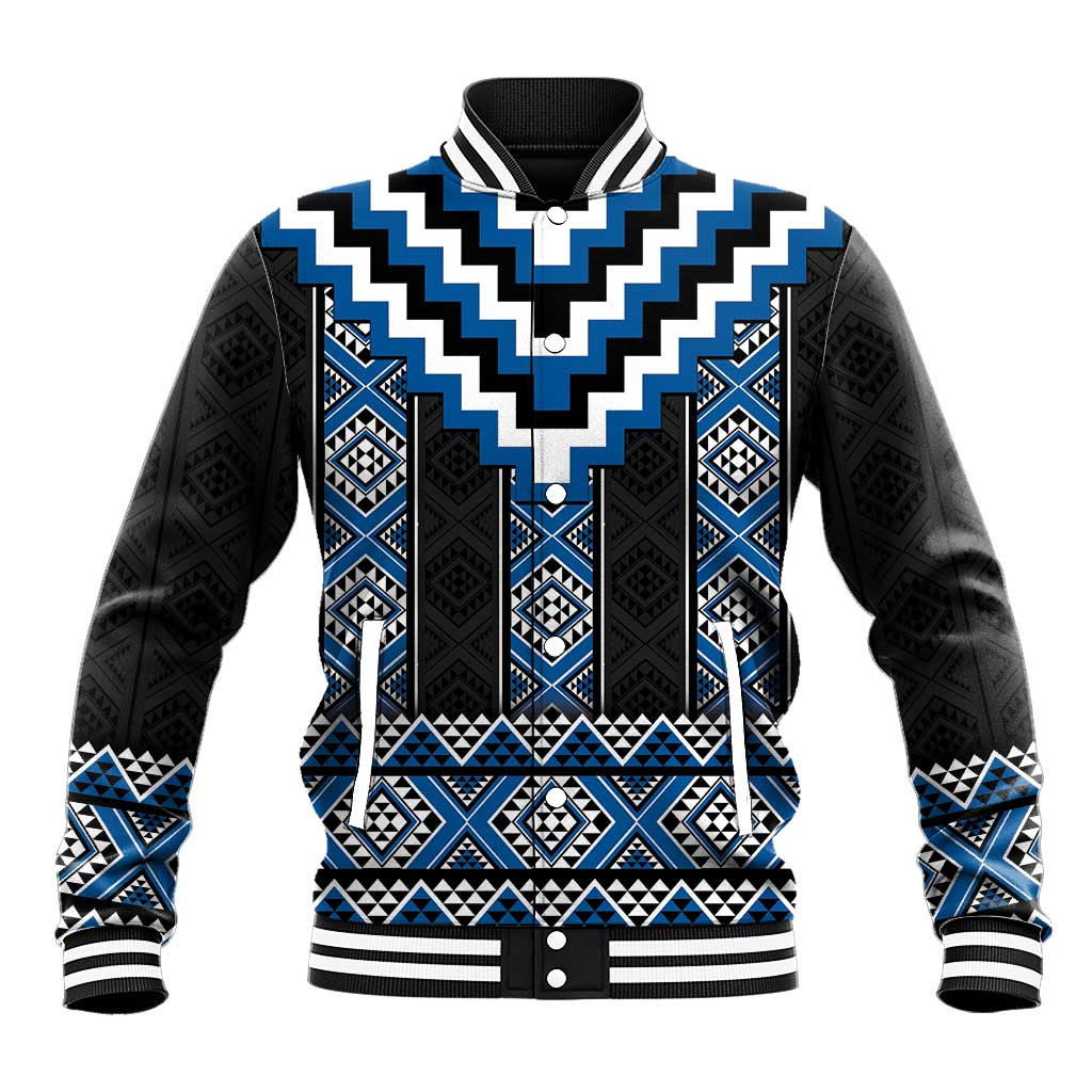 Blue Taniko Aotearoa Baseball Jacket Niho Taniwha Mix Poutama LT14 Unisex Blue - Polynesian Pride