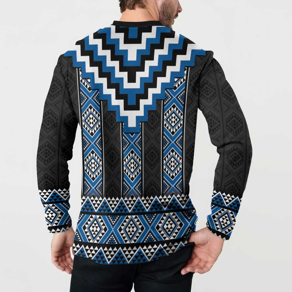 Blue Taniko Aotearoa Button Sweatshirt Niho Taniwha Mix Poutama LT14 - Polynesian Pride