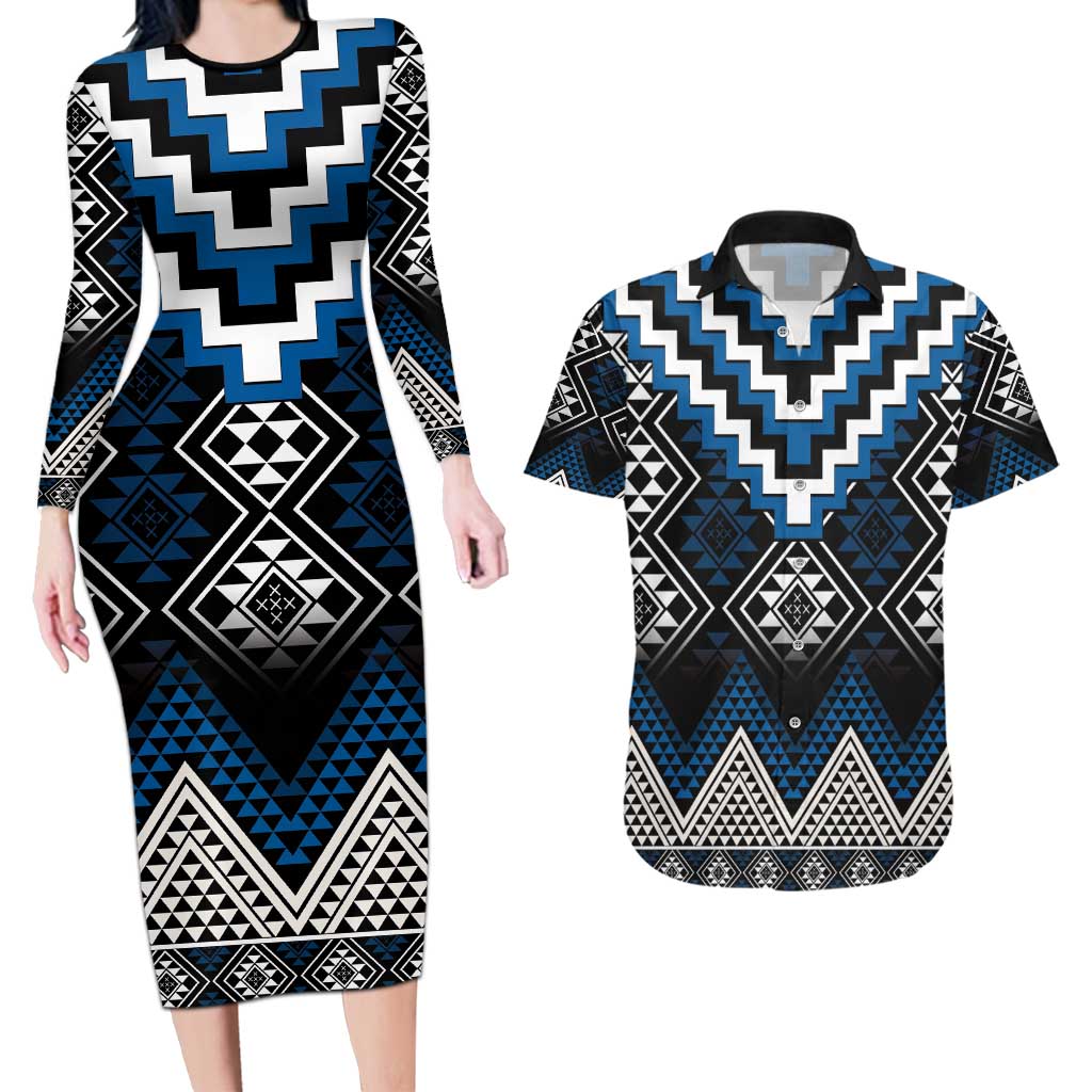 Blue Taniko Aotearoa Couples Matching Long Sleeve Bodycon Dress and Hawaiian Shirt Niho Taniwha Mix Poutama