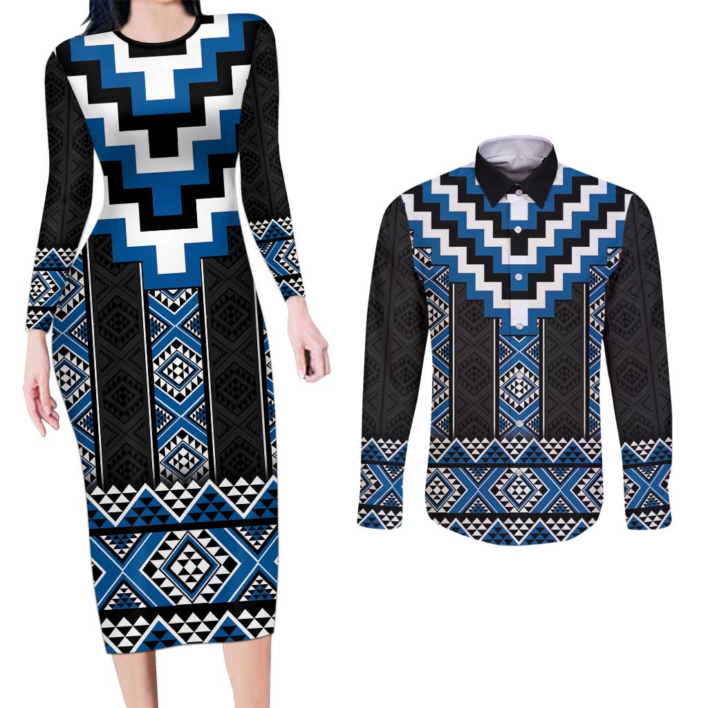 Blue Taniko Aotearoa Couples Matching Long Sleeve Bodycon Dress and Long Sleeve Button Shirt Niho Taniwha Mix Poutama LT14 Blue - Polynesian Pride