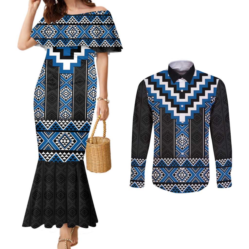 Blue Taniko Aotearoa Couples Matching Mermaid Dress and Long Sleeve Button Shirt Niho Taniwha Mix Poutama LT14 Blue - Polynesian Pride