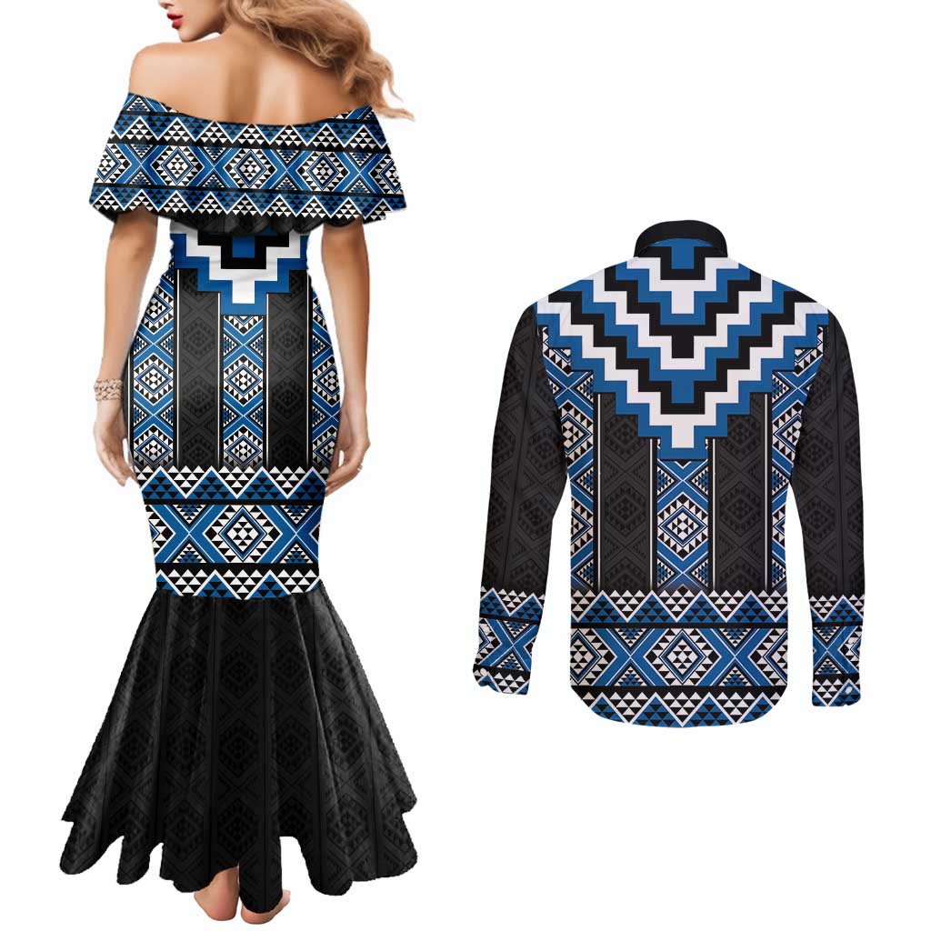 Blue Taniko Aotearoa Couples Matching Mermaid Dress and Long Sleeve Button Shirt Niho Taniwha Mix Poutama LT14 - Polynesian Pride