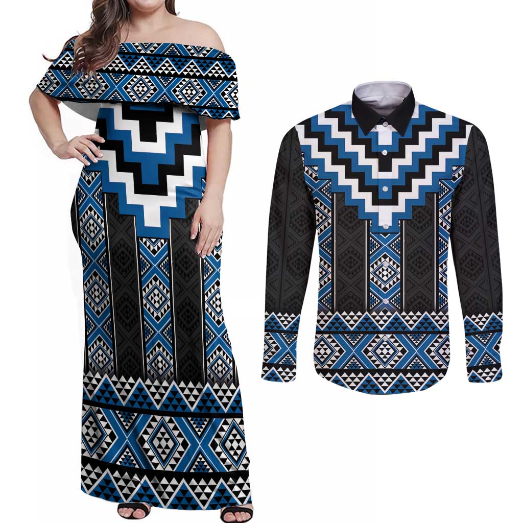 Blue Taniko Aotearoa Couples Matching Off Shoulder Maxi Dress and Long Sleeve Button Shirt Niho Taniwha Mix Poutama LT14 Blue - Polynesian Pride