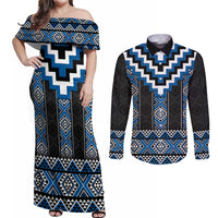 Blue Taniko Aotearoa Couples Matching Off Shoulder Maxi Dress and Long Sleeve Button Shirt Niho Taniwha Mix Poutama LT14 Blue - Polynesian Pride