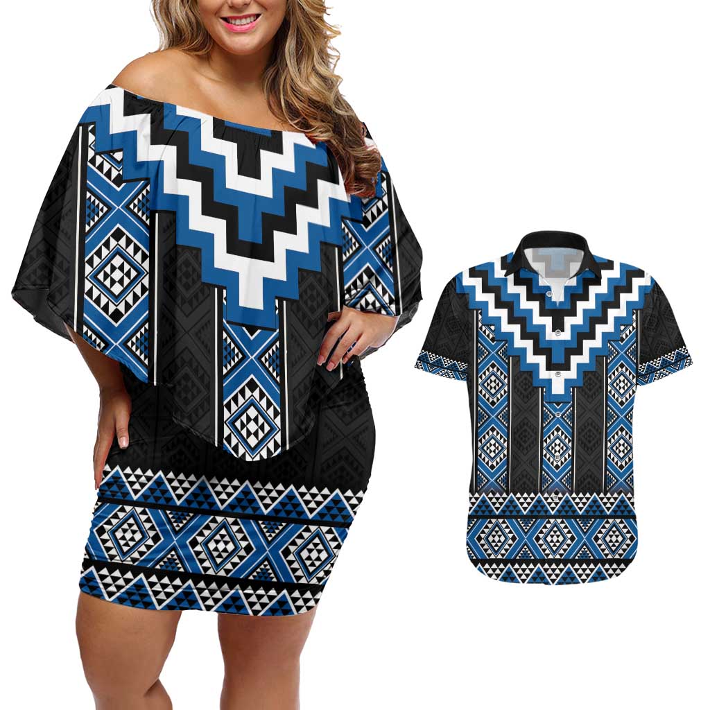 Blue Taniko Aotearoa Couples Matching Off Shoulder Short Dress and Hawaiian Shirt Niho Taniwha Mix Poutama LT14 Blue - Polynesian Pride