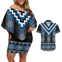 Blue Taniko Aotearoa Couples Matching Off Shoulder Short Dress and Hawaiian Shirt Niho Taniwha Mix Poutama LT14 Blue - Polynesian Pride
