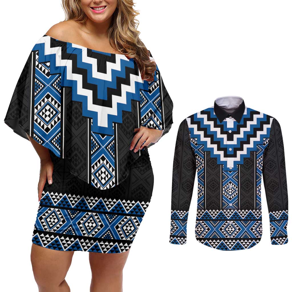 Blue Taniko Aotearoa Couples Matching Off Shoulder Short Dress and Long Sleeve Button Shirt Niho Taniwha Mix Poutama LT14 Blue - Polynesian Pride
