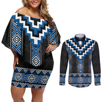 Blue Taniko Aotearoa Couples Matching Off Shoulder Short Dress and Long Sleeve Button Shirt Niho Taniwha Mix Poutama LT14 Blue - Polynesian Pride