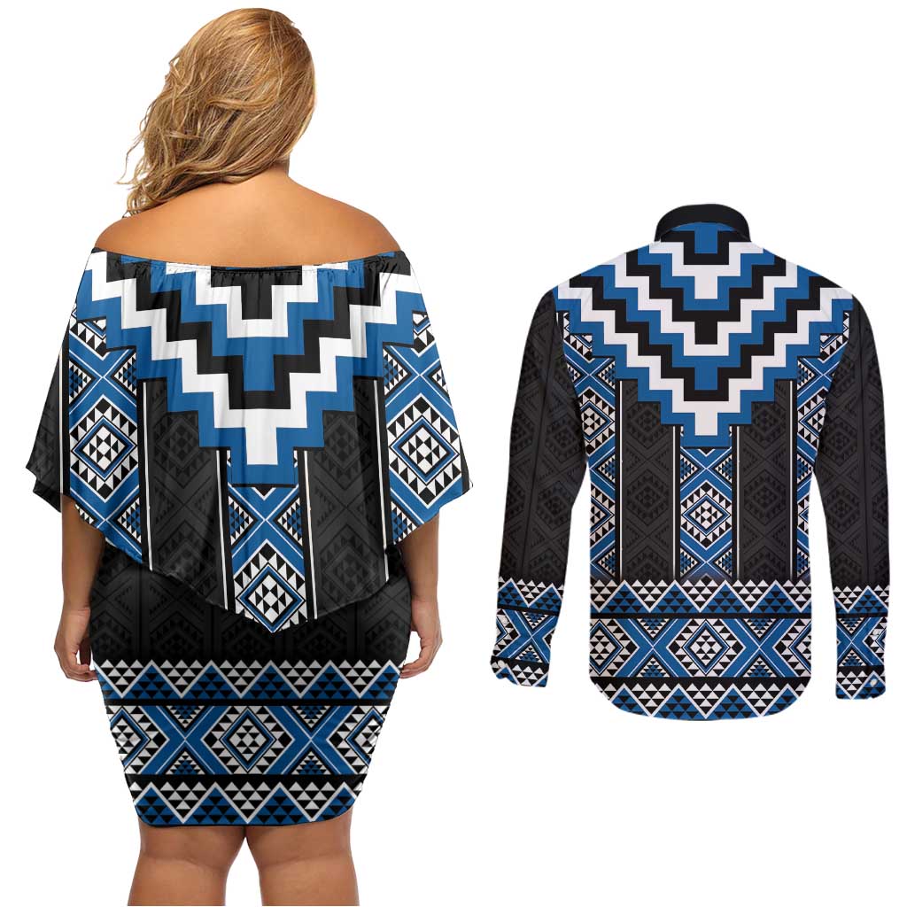 Blue Taniko Aotearoa Couples Matching Off Shoulder Short Dress and Long Sleeve Button Shirt Niho Taniwha Mix Poutama LT14 - Polynesian Pride