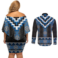 Blue Taniko Aotearoa Couples Matching Off Shoulder Short Dress and Long Sleeve Button Shirt Niho Taniwha Mix Poutama LT14 - Polynesian Pride