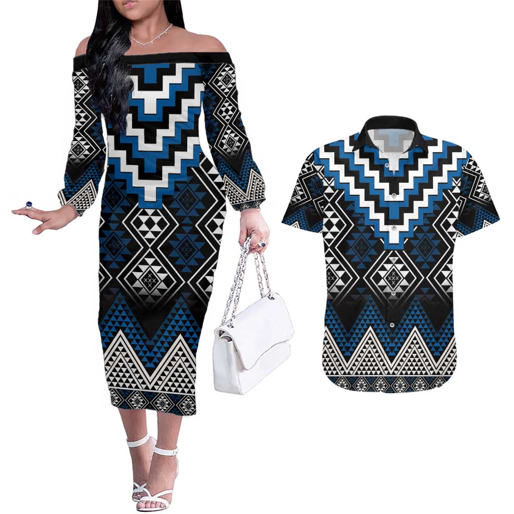 Blue Taniko Aotearoa Couples Matching Off The Shoulder Long Sleeve Dress and Hawaiian Shirt Niho Taniwha Mix Poutama