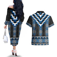 Blue Taniko Aotearoa Couples Matching Off The Shoulder Long Sleeve Dress and Hawaiian Shirt Niho Taniwha Mix Poutama LT14