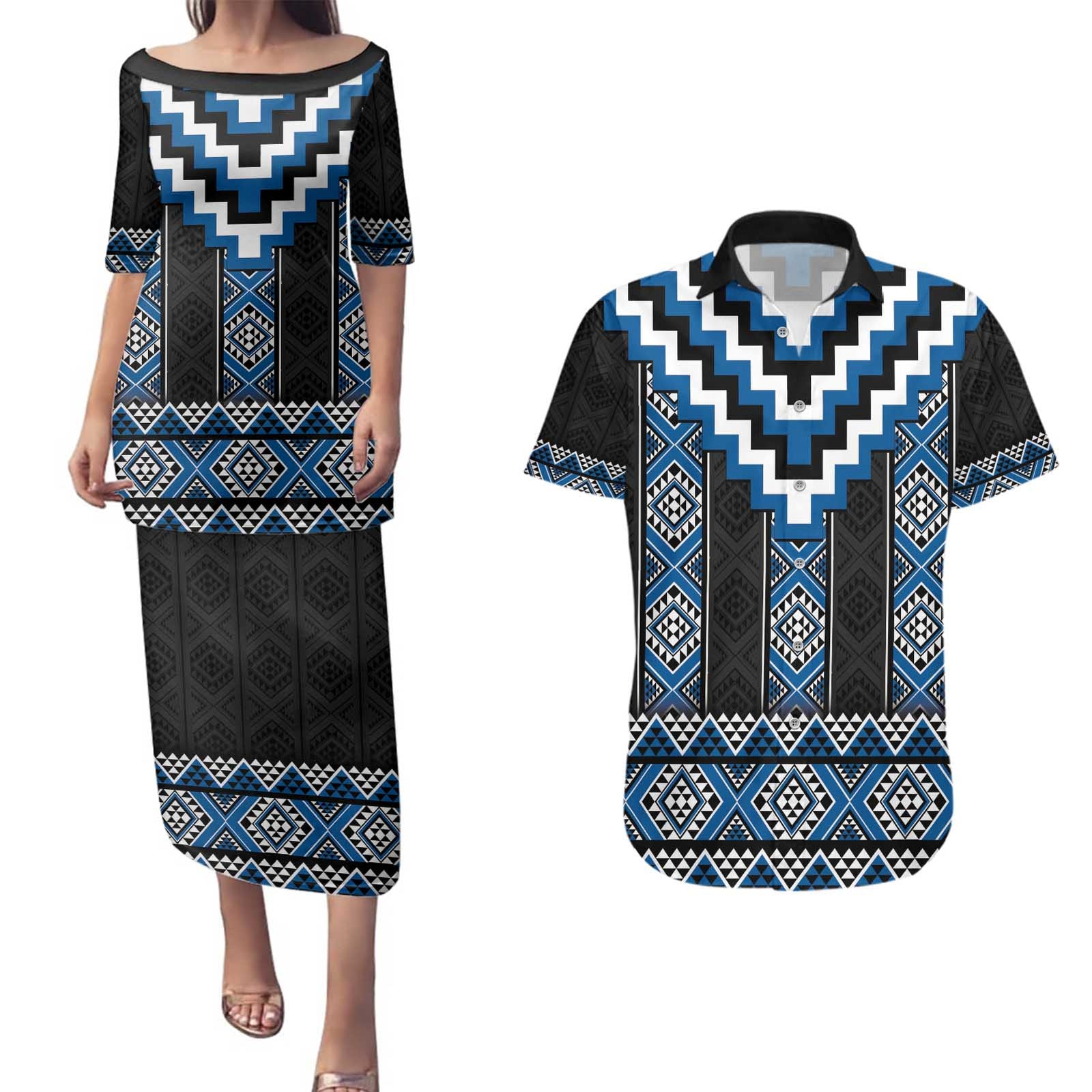 Blue Taniko Aotearoa Couples Matching Puletasi and Hawaiian Shirt Niho Taniwha Mix Poutama LT14 Blue - Polynesian Pride