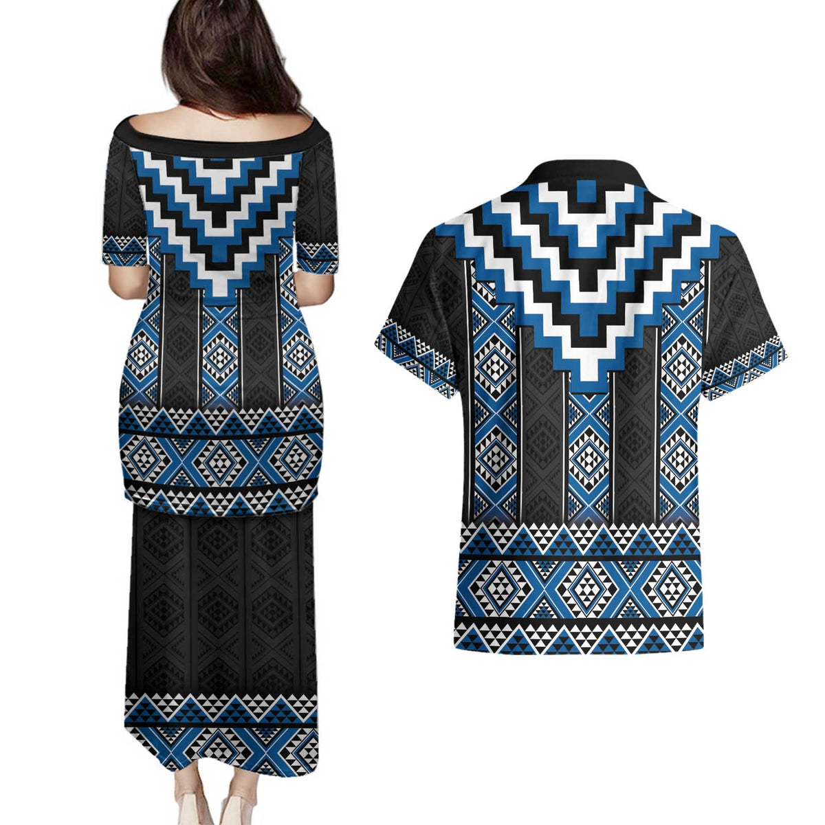 Blue Taniko Aotearoa Couples Matching Puletasi and Hawaiian Shirt Niho Taniwha Mix Poutama LT14 - Polynesian Pride