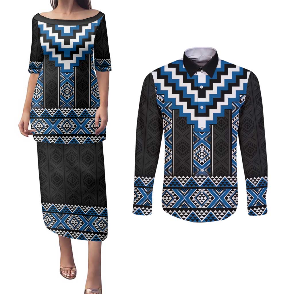 Blue Taniko Aotearoa Couples Matching Puletasi and Long Sleeve Button Shirt Niho Taniwha Mix Poutama LT14 Blue - Polynesian Pride