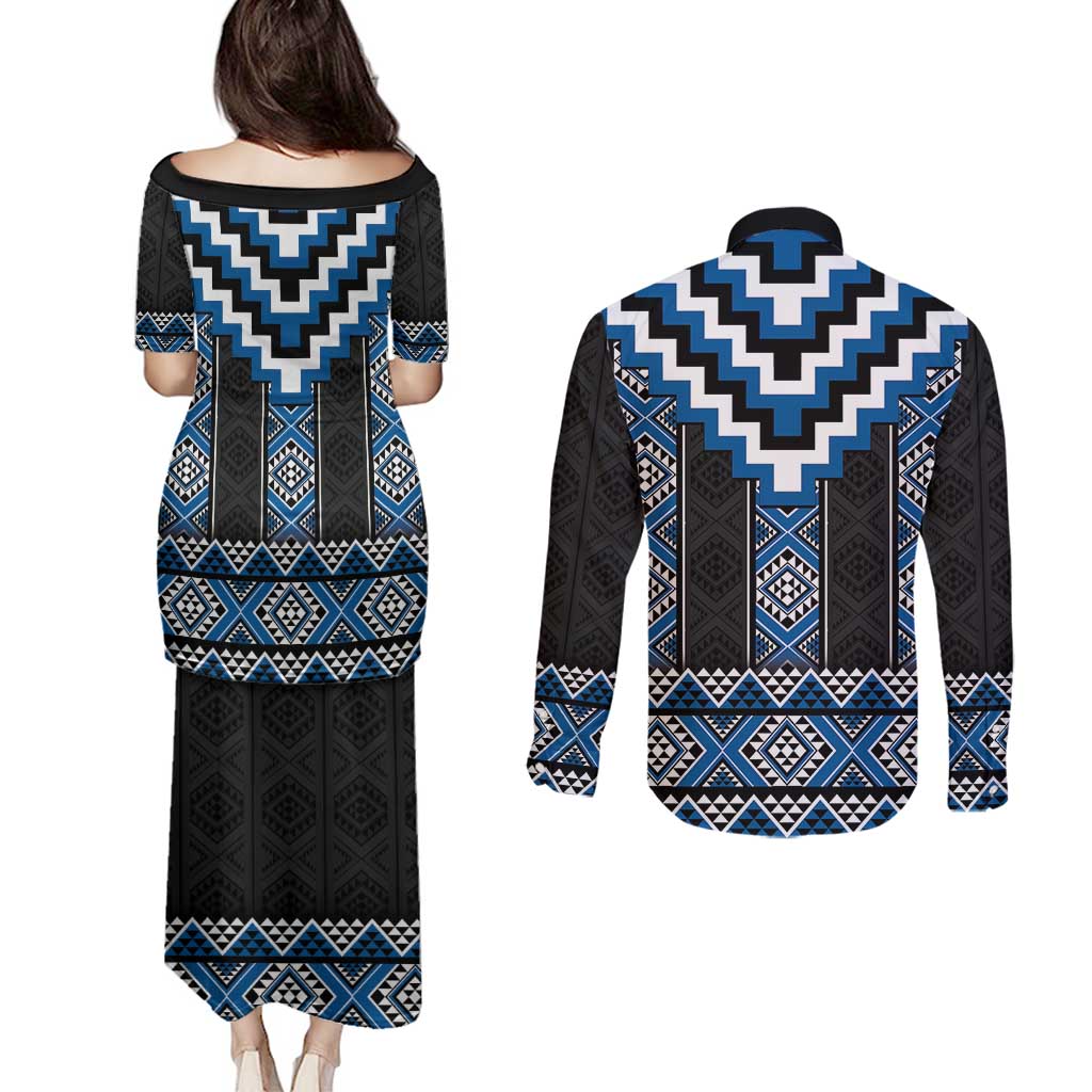 Blue Taniko Aotearoa Couples Matching Puletasi and Long Sleeve Button Shirt Niho Taniwha Mix Poutama LT14 - Polynesian Pride
