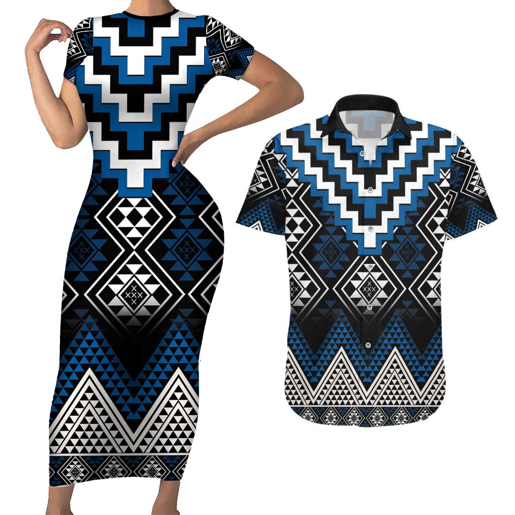 Blue Taniko Aotearoa Couples Matching Short Sleeve Bodycon Dress and Hawaiian Shirt Niho Taniwha Mix Poutama