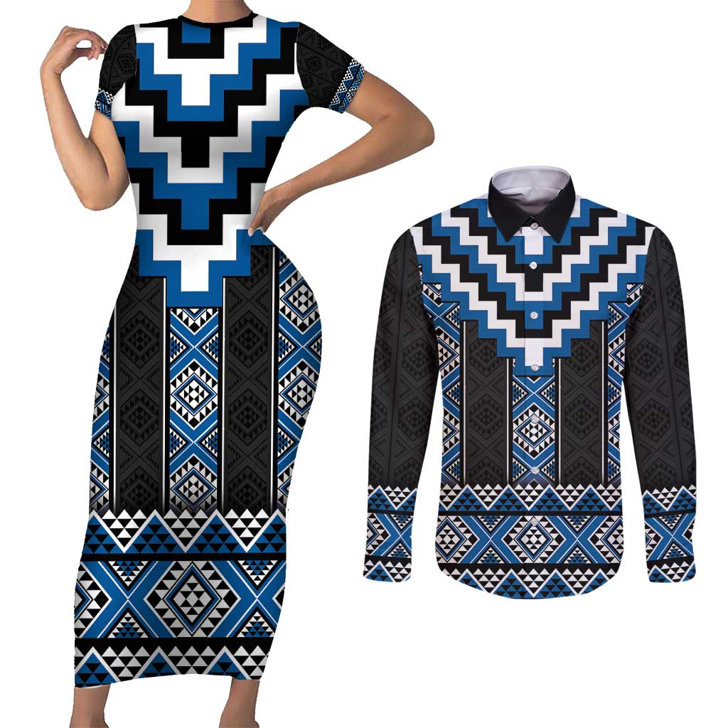 Blue Taniko Aotearoa Couples Matching Short Sleeve Bodycon Dress and Long Sleeve Button Shirt Niho Taniwha Mix Poutama LT14 Blue - Polynesian Pride