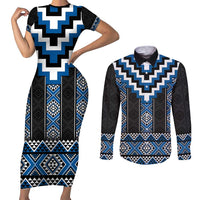 Blue Taniko Aotearoa Couples Matching Short Sleeve Bodycon Dress and Long Sleeve Button Shirt Niho Taniwha Mix Poutama LT14 Blue - Polynesian Pride