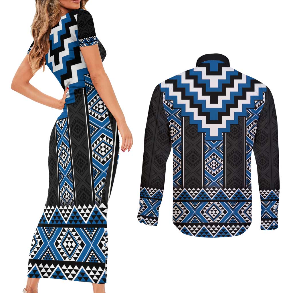 Blue Taniko Aotearoa Couples Matching Short Sleeve Bodycon Dress and Long Sleeve Button Shirt Niho Taniwha Mix Poutama LT14 - Polynesian Pride