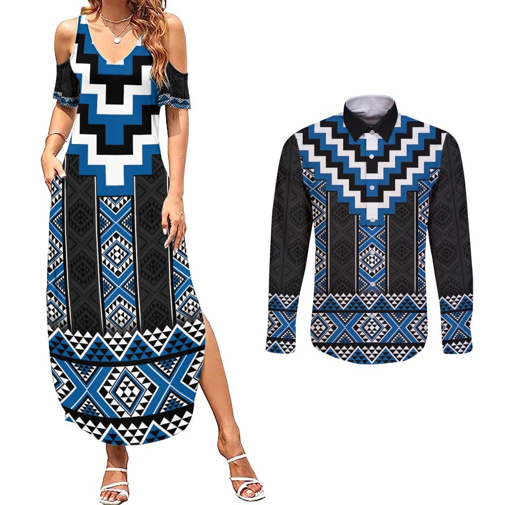 Blue Taniko Aotearoa Couples Matching Summer Maxi Dress and Long Sleeve Button Shirt Niho Taniwha Mix Poutama LT14 Blue - Polynesian Pride