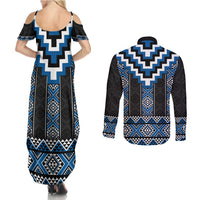 Blue Taniko Aotearoa Couples Matching Summer Maxi Dress and Long Sleeve Button Shirt Niho Taniwha Mix Poutama LT14 - Polynesian Pride