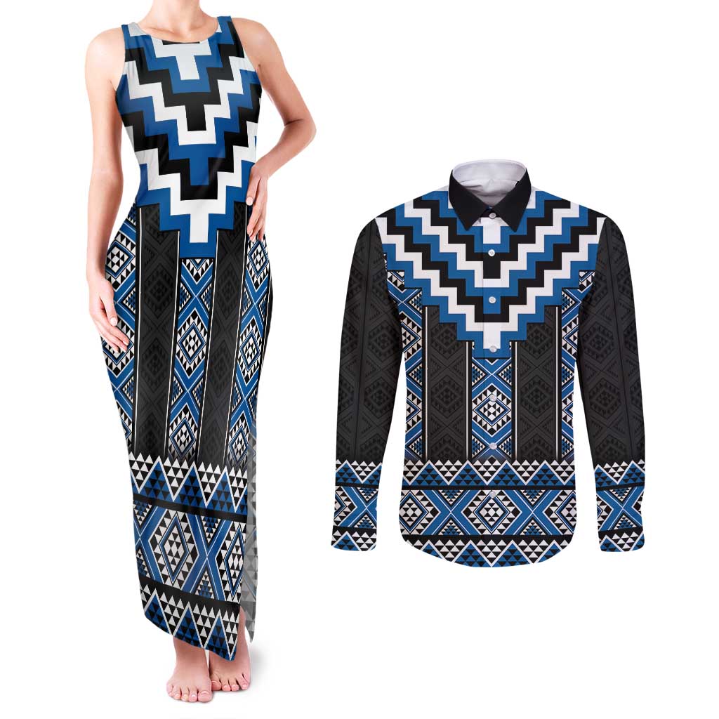 Blue Taniko Aotearoa Couples Matching Tank Maxi Dress and Long Sleeve Button Shirt Niho Taniwha Mix Poutama LT14 Blue - Polynesian Pride