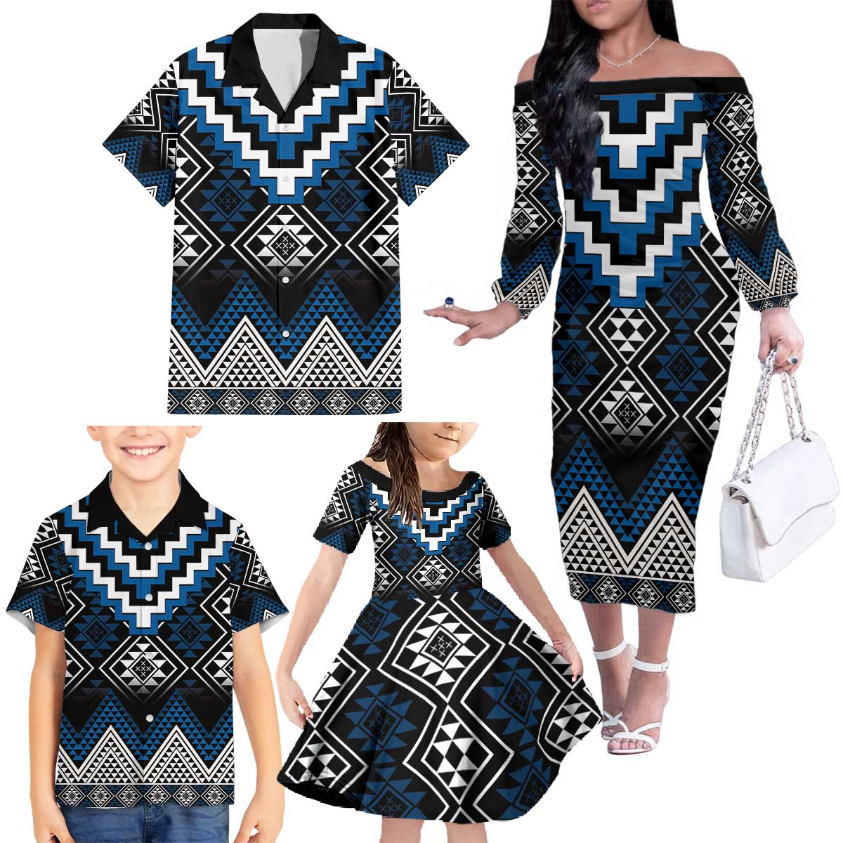 Blue Taniko Aotearoa Family Matching Off The Shoulder Long Sleeve Dress and Hawaiian Shirt Niho Taniwha Mix Poutama