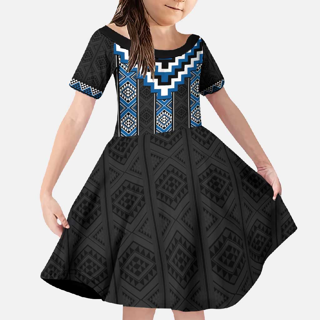 Blue Taniko Aotearoa Family Matching Off Shoulder Maxi Dress and Hawaiian Shirt Niho Taniwha Mix Poutama LT14 Daughter's Dress Blue - Polynesian Pride