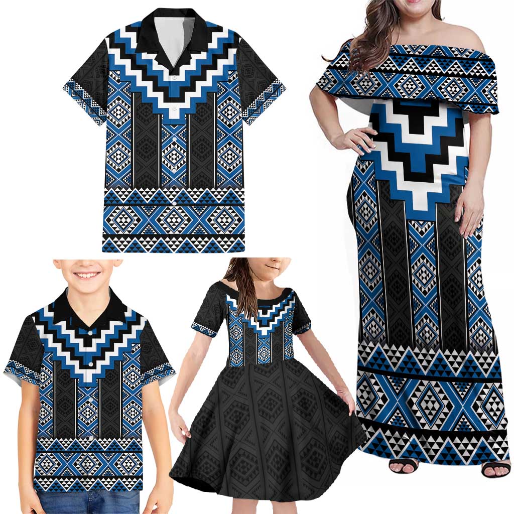 Blue Taniko Aotearoa Family Matching Off Shoulder Maxi Dress and Hawaiian Shirt Niho Taniwha Mix Poutama LT14 - Polynesian Pride