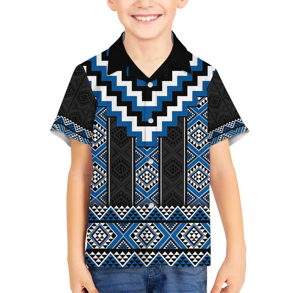 Blue Taniko Aotearoa Family Matching Off Shoulder Maxi Dress and Hawaiian Shirt Niho Taniwha Mix Poutama LT14 Son's Shirt Blue - Polynesian Pride