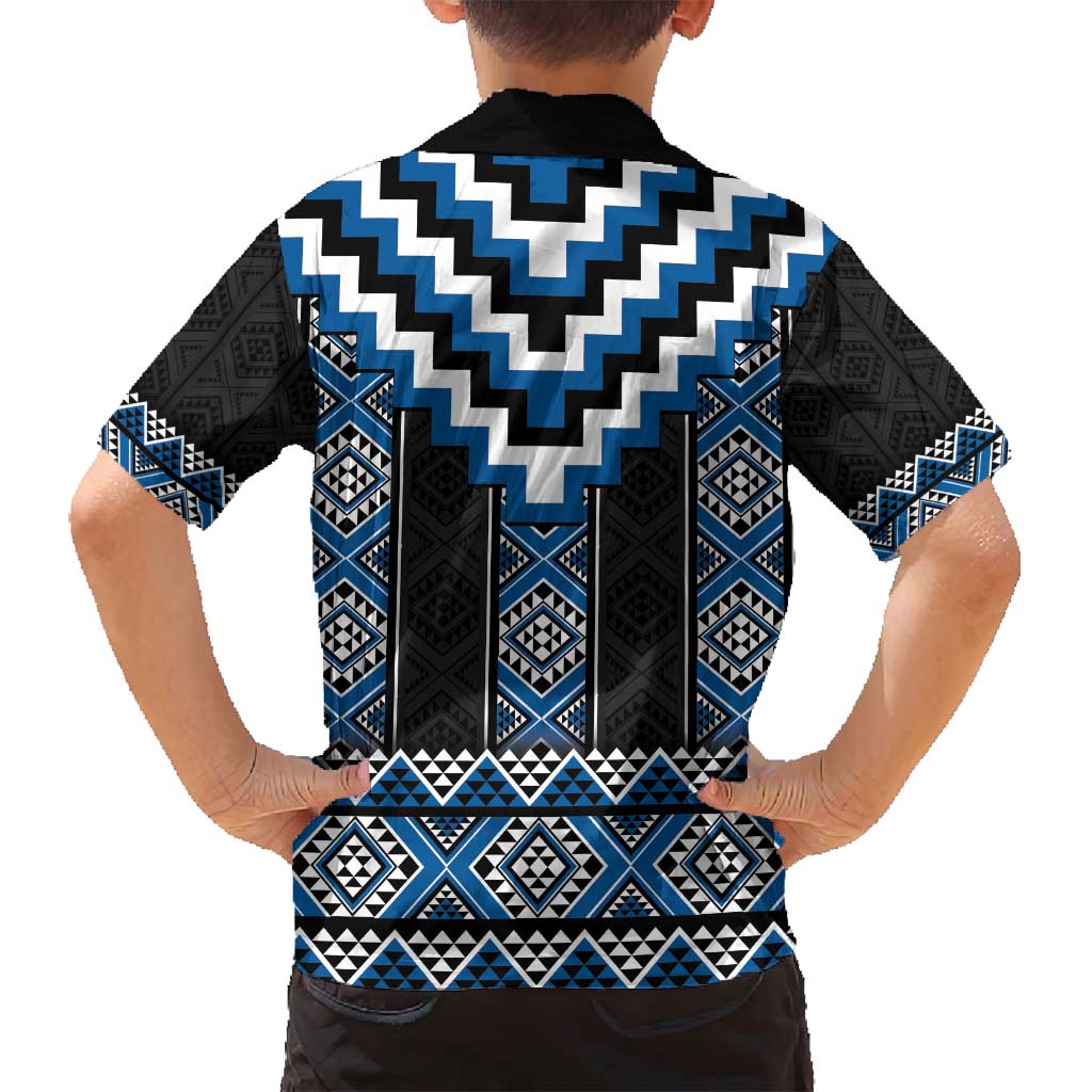 Blue Taniko Aotearoa Family Matching Off Shoulder Short Dress and Hawaiian Shirt Niho Taniwha Mix Poutama LT14 - Polynesian Pride