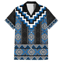 Blue Taniko Aotearoa Family Matching Off Shoulder Short Dress and Hawaiian Shirt Niho Taniwha Mix Poutama LT14 Dad's Shirt - Short Sleeve Blue - Polynesian Pride