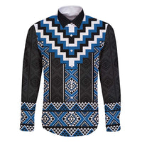 Blue Taniko Aotearoa Family Matching Off Shoulder Short Dress and Hawaiian Shirt Niho Taniwha Mix Poutama LT14 Dad's Shirt - Long Sleeve Blue - Polynesian Pride