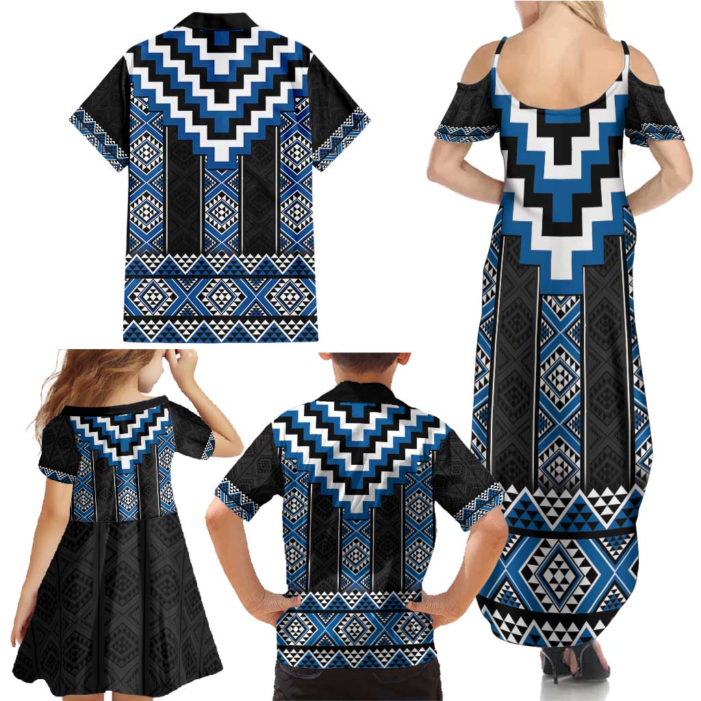 Blue Taniko Aotearoa Family Matching Summer Maxi Dress and Hawaiian Shirt Niho Taniwha Mix Poutama LT14 - Polynesian Pride