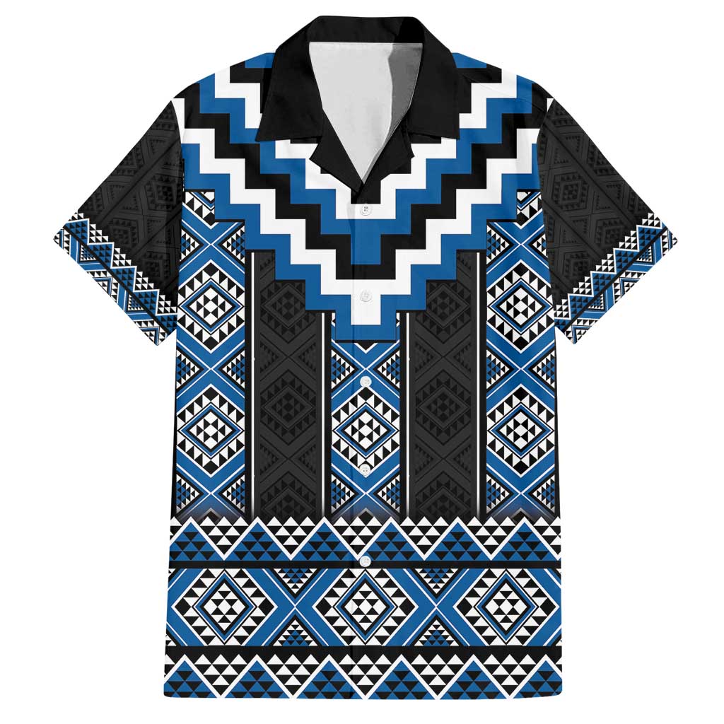 Blue Taniko Aotearoa Family Matching Summer Maxi Dress and Hawaiian Shirt Niho Taniwha Mix Poutama LT14 Dad's Shirt - Short Sleeve Blue - Polynesian Pride