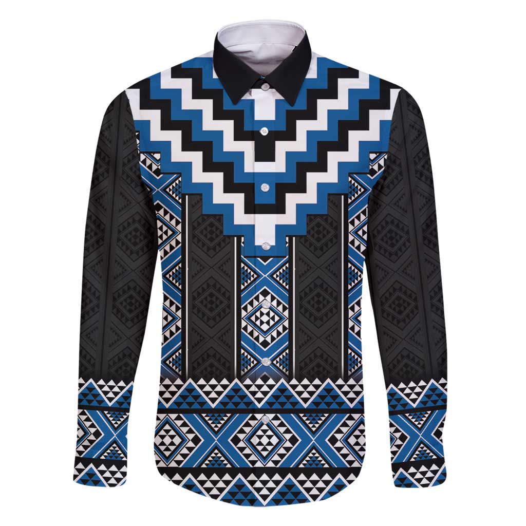 Blue Taniko Aotearoa Family Matching Summer Maxi Dress and Hawaiian Shirt Niho Taniwha Mix Poutama LT14 Dad's Shirt - Long Sleeve Blue - Polynesian Pride