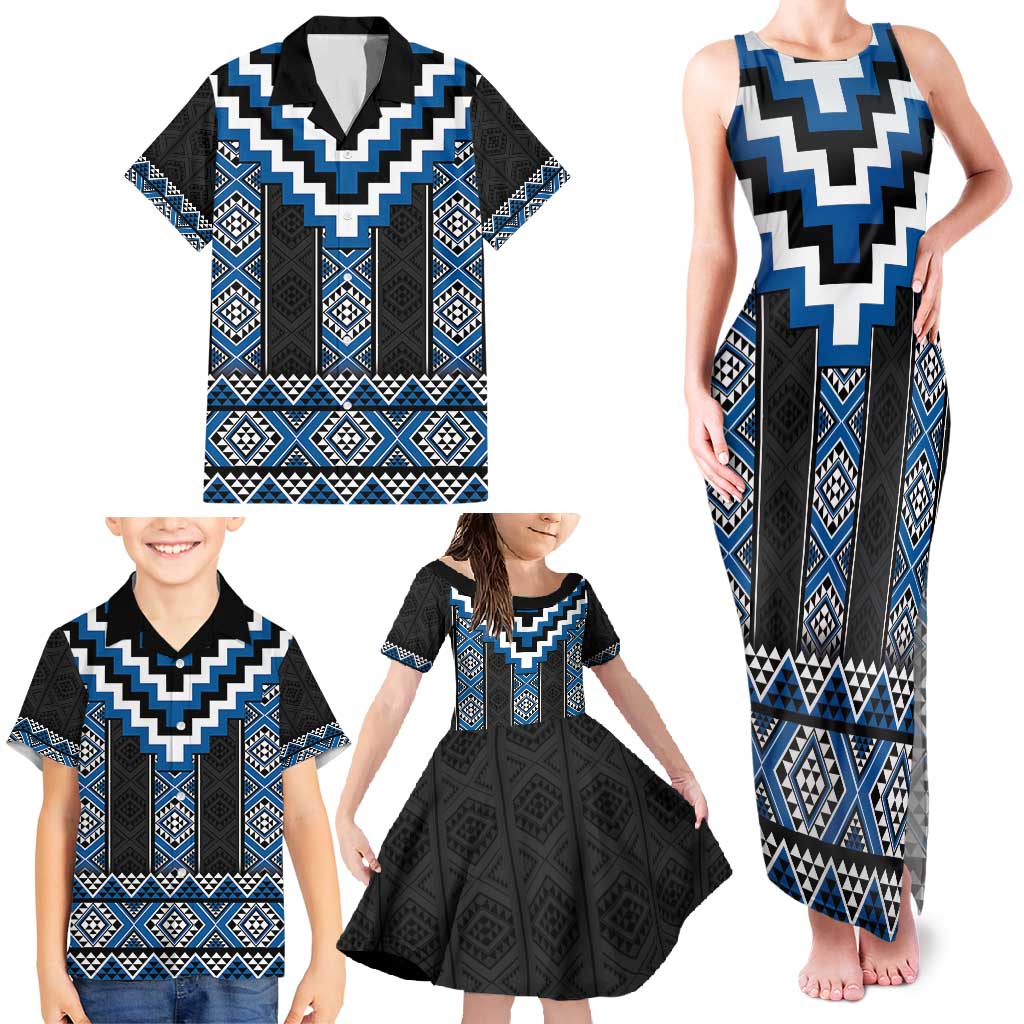 Blue Taniko Aotearoa Family Matching Tank Maxi Dress and Hawaiian Shirt Niho Taniwha Mix Poutama LT14 - Polynesian Pride
